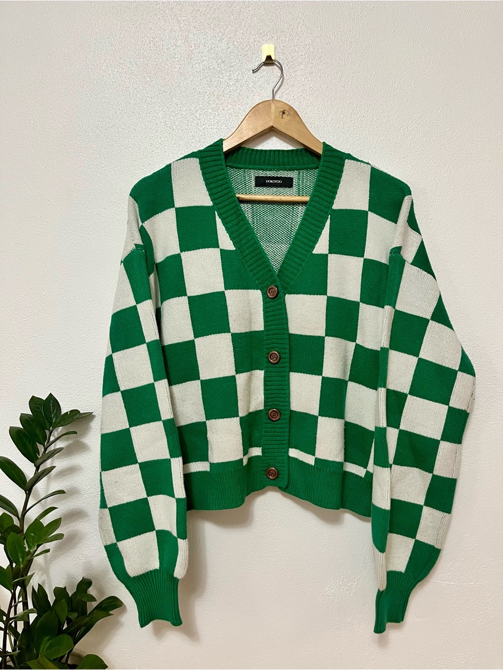 Dokotoo checkered Cardigan Long Sleeve Cable check Knit Cropped Sweater green L